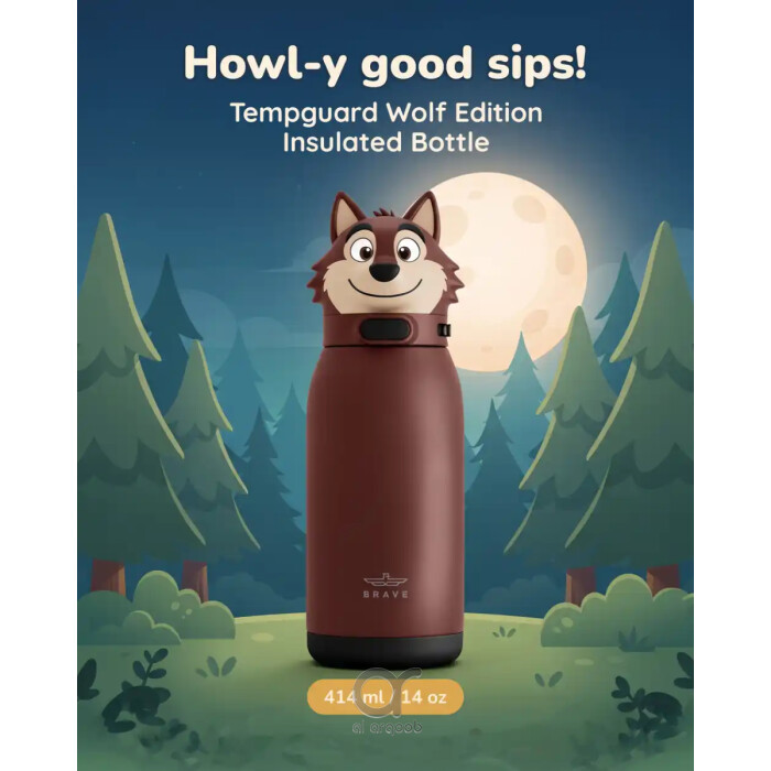 زجاجة مياه للأطفال BRAVE TempGuard Fun Sip سعة 414 مل، ستانلس ستيل معزول بغطاء قشة وقفل أمان، ذئب بني