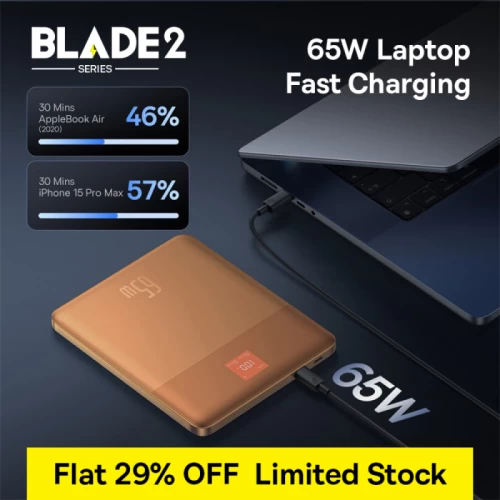 Baseus Blade 2 12000mAh Power Bank | 65W Fast Charging Ultra Thin Digital Display Intelligent Edition Battery Pack For Laptop/MacBook Pro, iPad, iPhone, and All Smart Phones