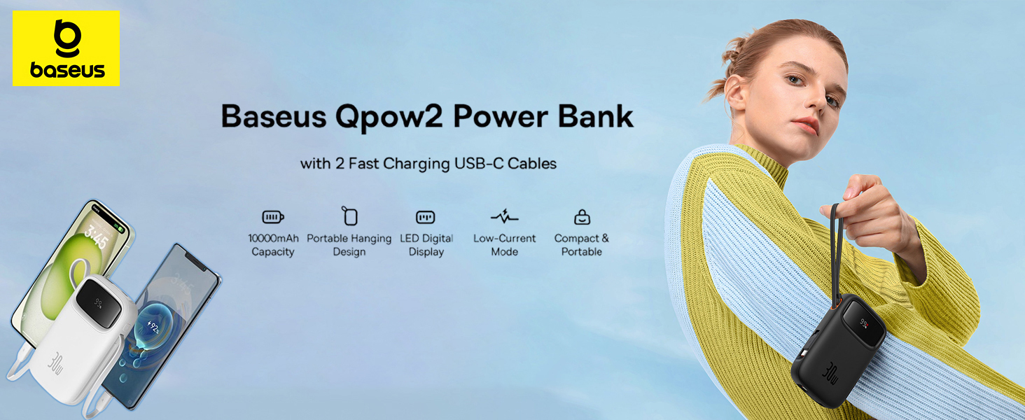 Baseus QPow2 10000mAh Digital Display Fast Charge Power Bank 30W With Built-in Dual Type-C Cable