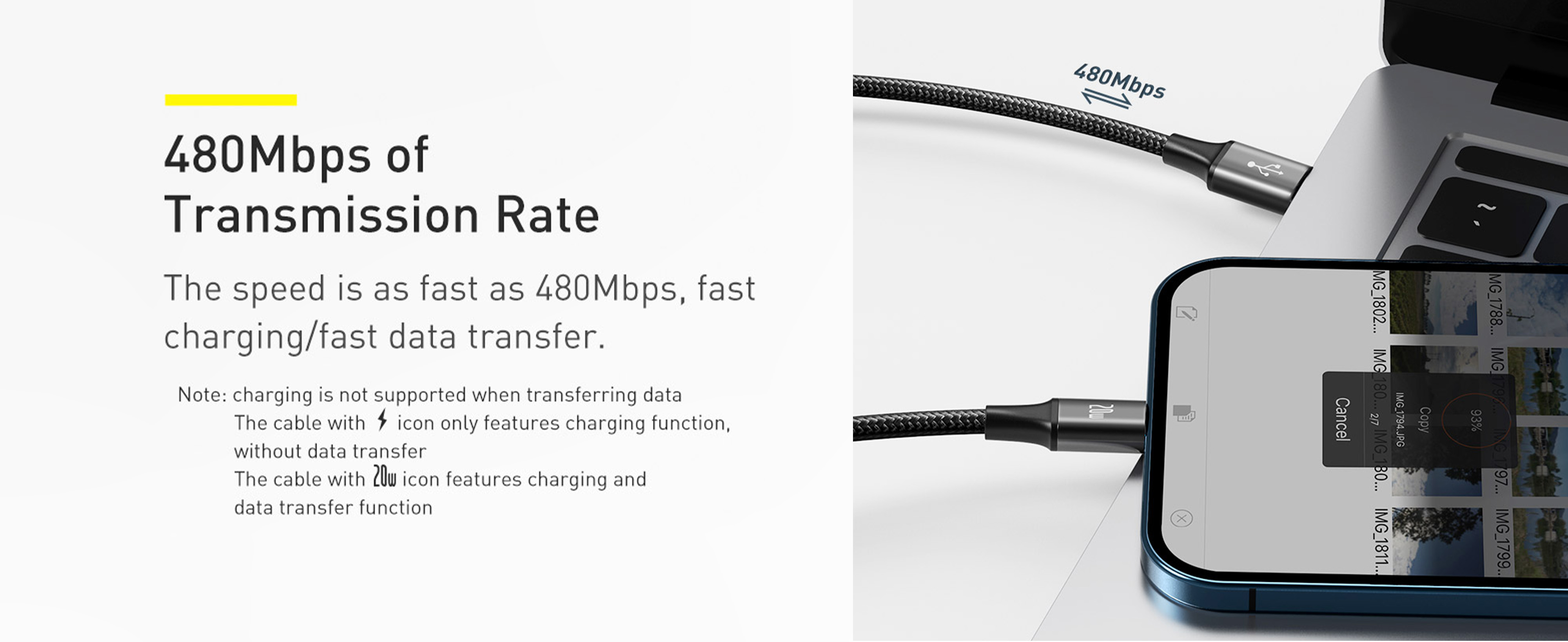 BASEUS Rapid Series 3-in-1 Fast Charging Data Cable Type-C to M+L+C PD 20W 1.5m - Black