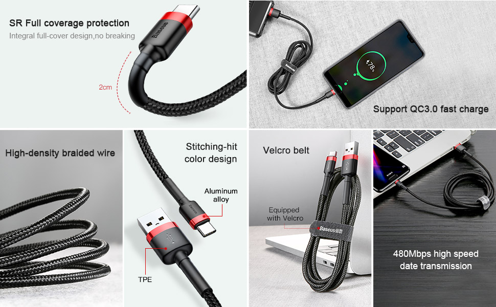 Baseus Cafule Series USB-A to Type-C Cable - 3A Fast Charge & 480Mbps High-Speed Data Transfer, Nylon Braided, 1M - Black