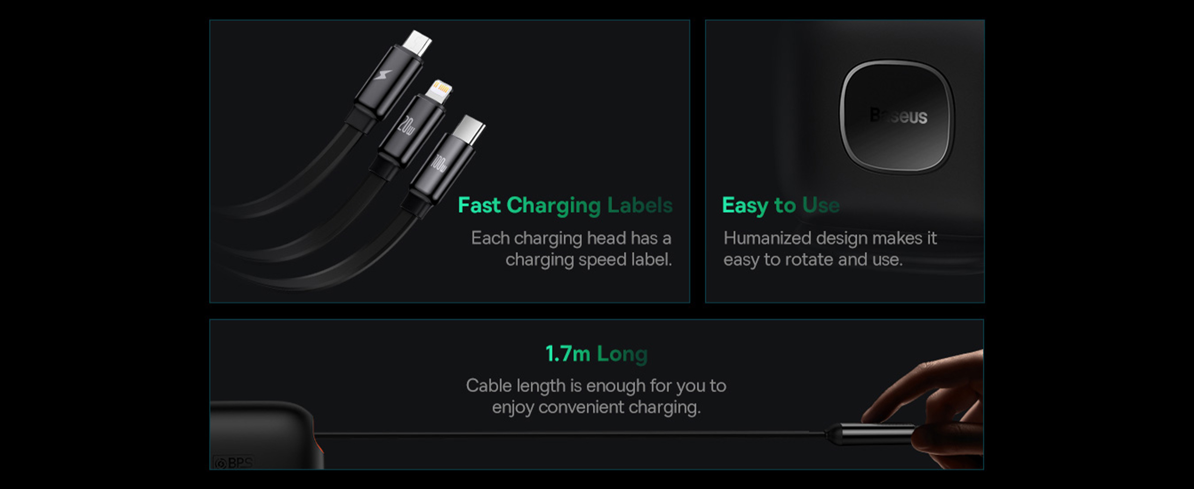 Baseus Traction Series Retractable 3-in-1 Fast Charging Cable 100W (Fast charging easy to store 360° rotation Easy to stick on) Black