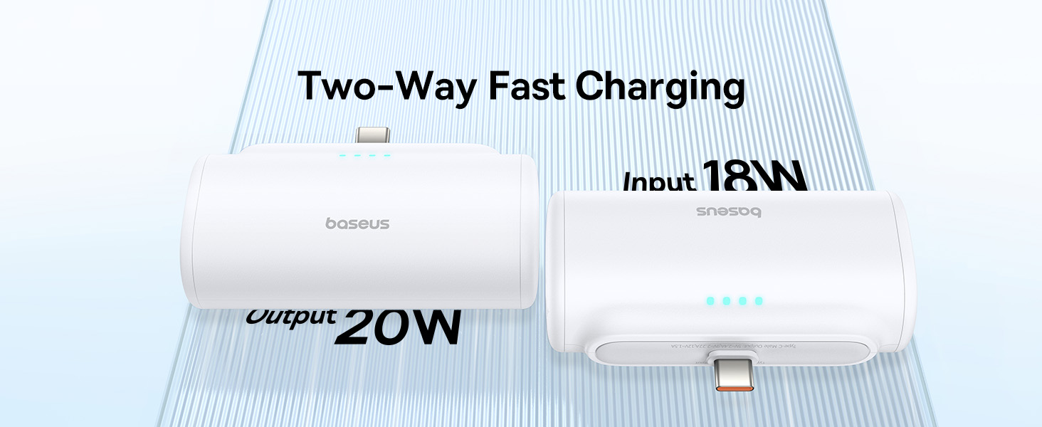 Baseus Compact Series Fast Charging Pocket Power Bank 5000mAh PD 20W With Built-in Type-C Connector - White