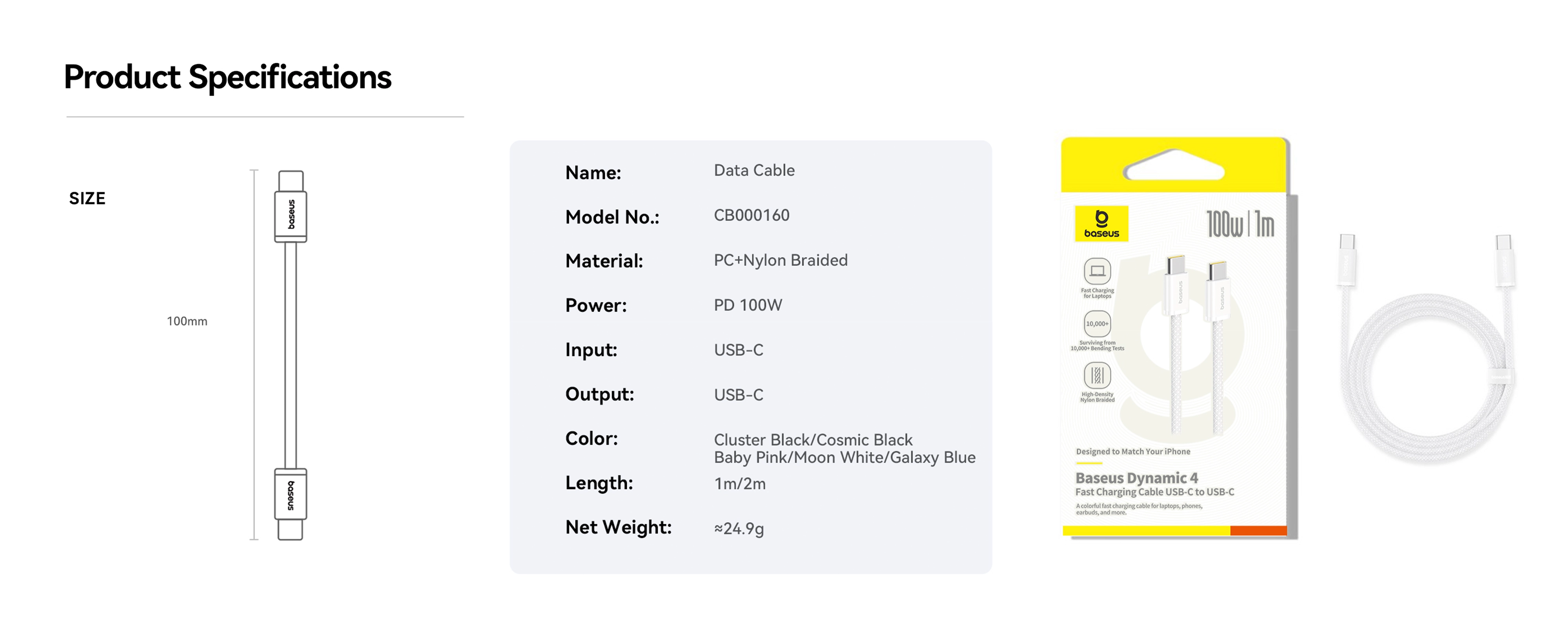 Baseus Dynamic 4: 100W USB‑C Cable, 2M White – Fast Charge