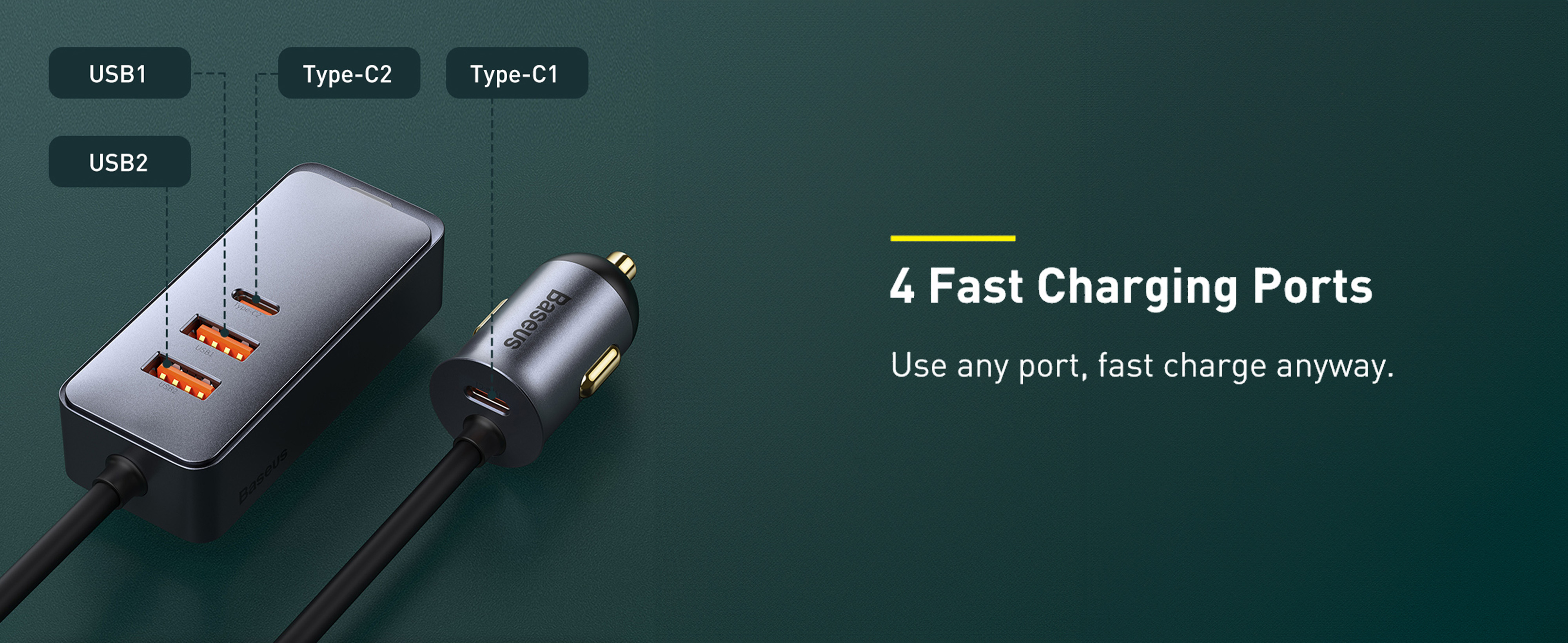 Baseus 120w Multi USB Car Charger QC3.0 & PD 3.0 30w x 4 Ports Fast Car Charger USB C For Phones/Tablets/Switch, 5ft Cable for Back Seat Charging