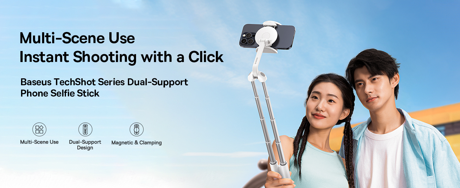 Baseus TechShot Dual-Support Magnetic & Clamping Selfie Stick Tripod with Bluetooth Remote  - White