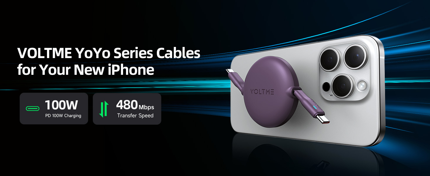 Voltme Powerlink YoYo Retractable Type-C to Type-C Cable - 100W PD 3.0 Super Fast Charging, Dual-Way, 5A, 1M - Purple