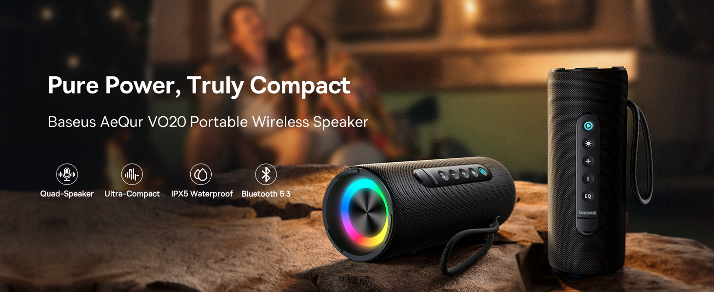 Baseus AeQur Series VO20 Bluetooth Speaker with Ambient RGB Light | BT 5.3, 15H Playtime,  15W Loud Stereo Sound, Deep Bass - Black