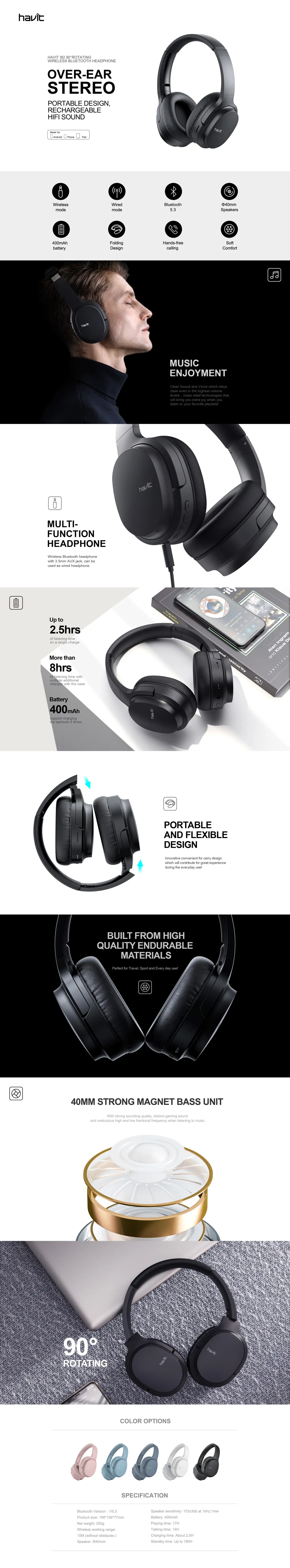 Havit i62 HIFI Stereo Bluetooth Headphones - 17H Playtime , Noise-Isolating, Deep Bass, Foldable, 40mm Drivers, FM, TF Card, AUX, BT 5.3, Mic - Black