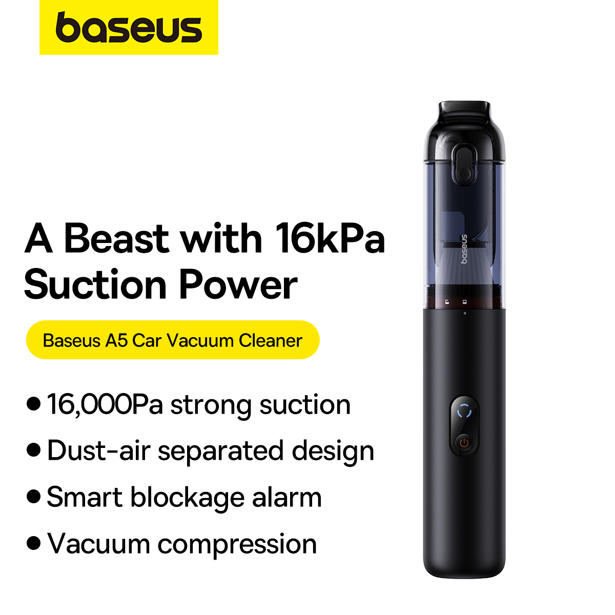 Baseus A5 Cordless Handheld Vacuum – 16,000Pa Suction, HEPA Filter, and Long Battery Life