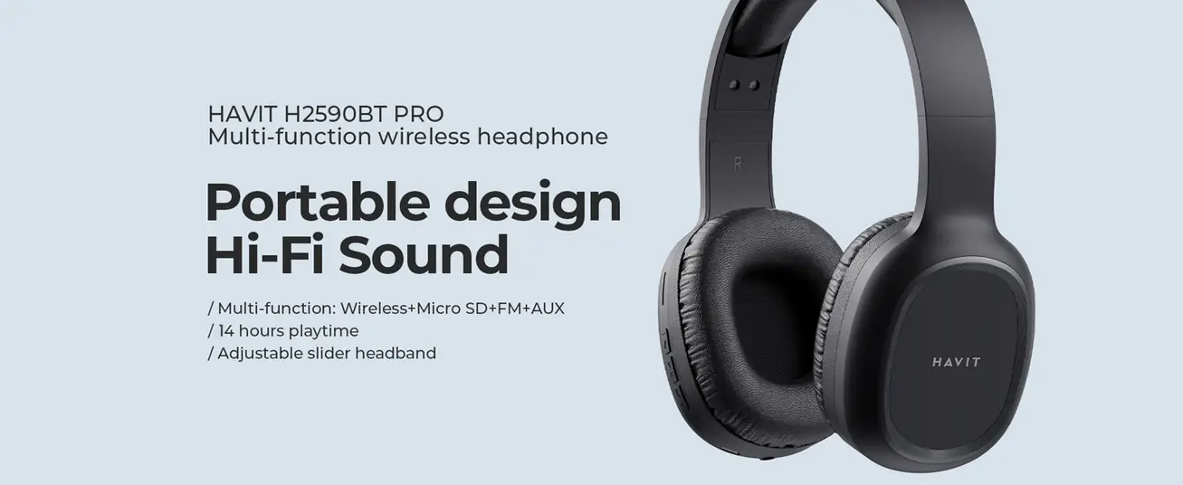 HAVIT H2590BT PRO Bluetooth Headphones featuring foldable design, 14-hour battery life, Bluetooth 5.3 technology, and noise isolation for immersive audio.