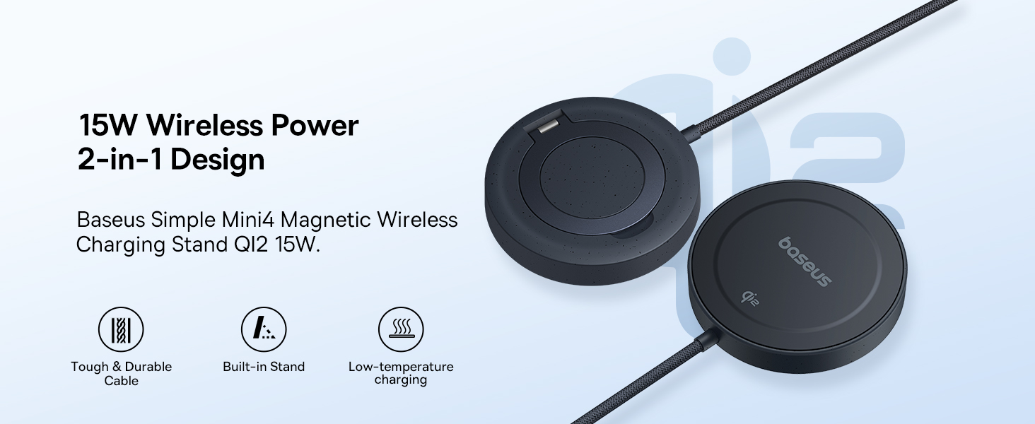 Baseus Simple Mini4 Magnetic Qi2 15W Wireless Charging Stand - 135° Adjustable With Built-In 1M Type-C Cable - Black - Black