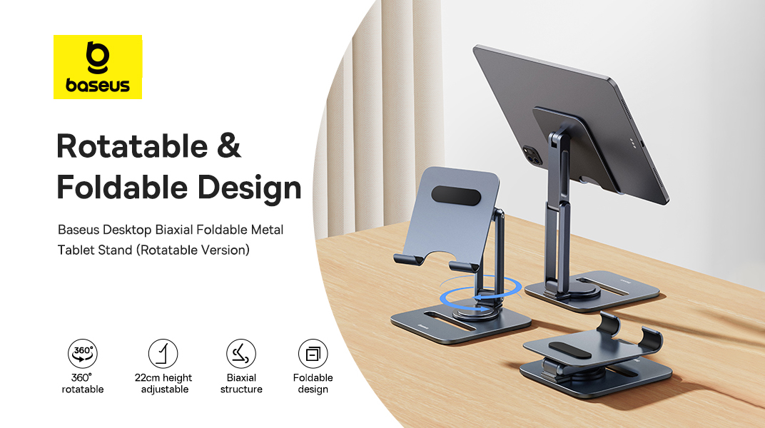 Baseus Desktop Biaxial 360° Rotatable Tablet Stand, Adjustable Aluminum Holder for iPad, iPhone, Galaxy Tab 4.7–13"