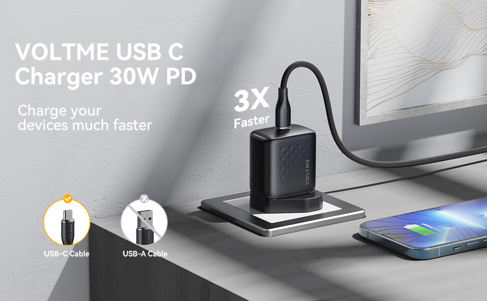 Voltme Revo 30 Lite Type-C GaN Wall Charger 30W With 3A 60W Nylon Braided USB-C to C Fast Charging Cable 1M - Black