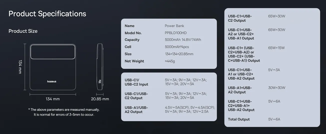 Baseus Blade H1 20000mAh 100W Fast Charging Power Bank - Ultra-Slim Laptop Charger with 2 PD 3.0 USB-C & 2 QC 4.0 USB-A Ports, Digital Display, and Multi-Device Compatibility for Smartphones, Tablets, Laptops 