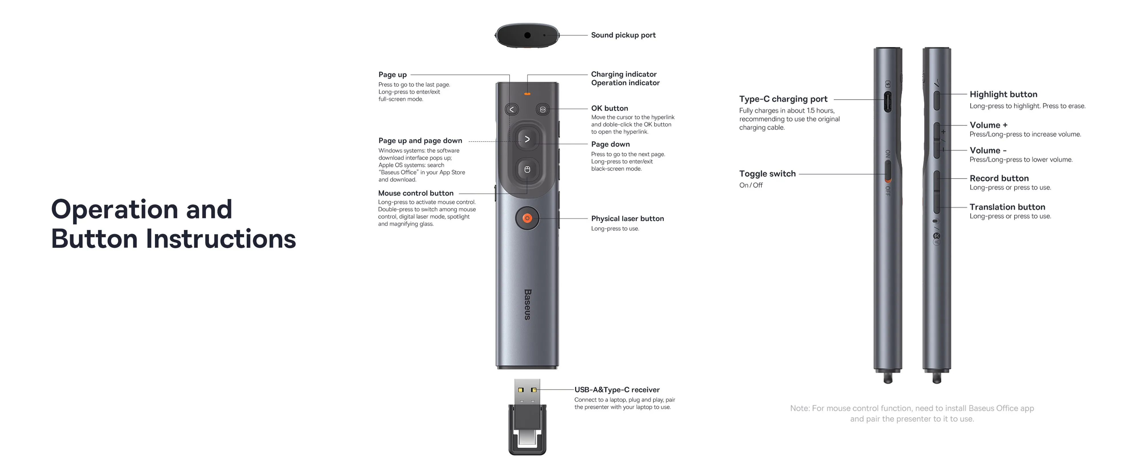 Baseus Orange Dot AI Wireless Presenter (Red Laser) - Grey