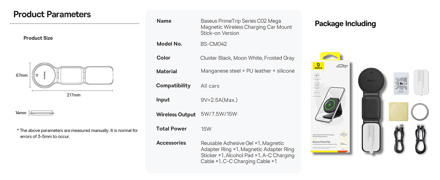 Baseus C02 PrimeTrip Series Mega Magnetic Wireless Charging Car Phone Holder with 15W Qi2 MagSafe - 360° Adjustable, Foldable Dashboard Mount - Black