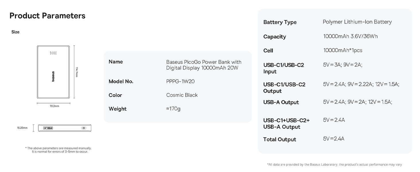 Baseus PicoGo 10000mAh Power Bank with Digital Display  20W Fast Charging - USB-A, 2x Type-C - Black (With Simple Wiring Type-C to Type-C 60W 20V/3A 30cm Black)