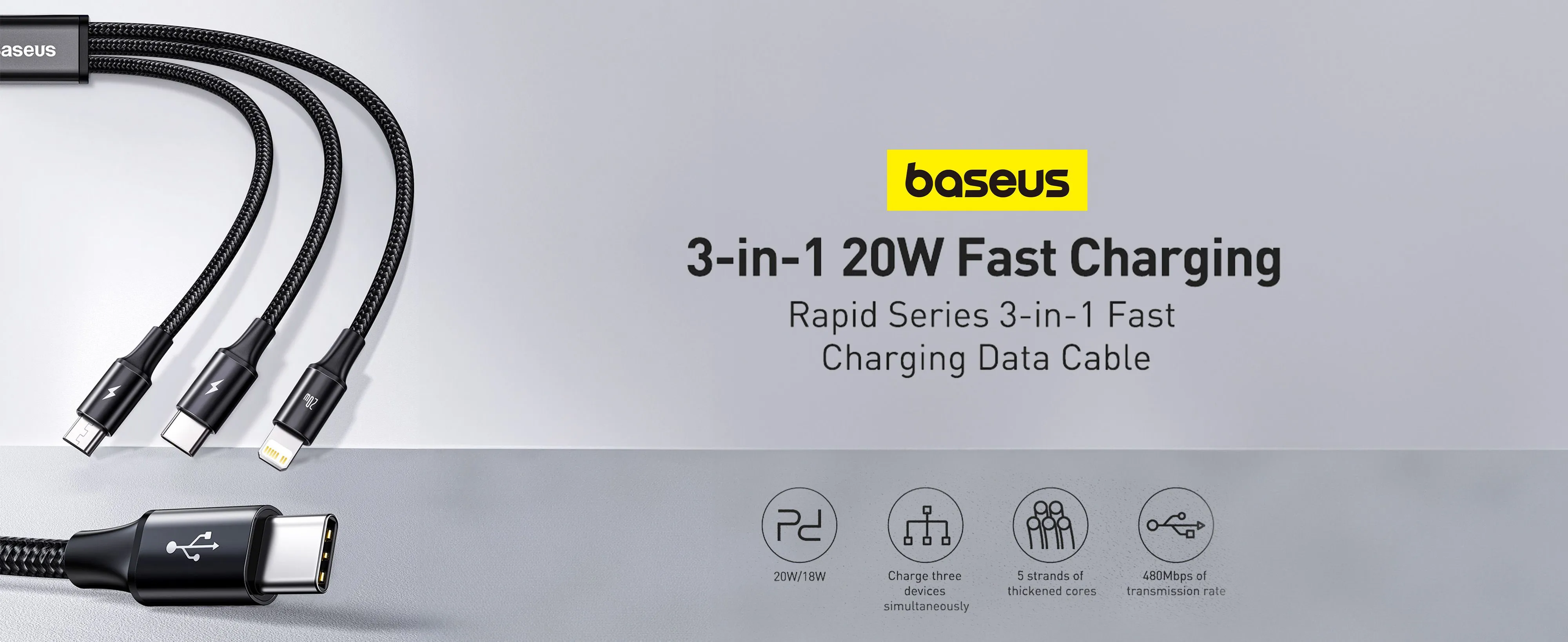 BASEUS Rapid Series 3-in-1 Fast Charging Data Cable Type-C to M+L+C PD 20W 1.5m - Black