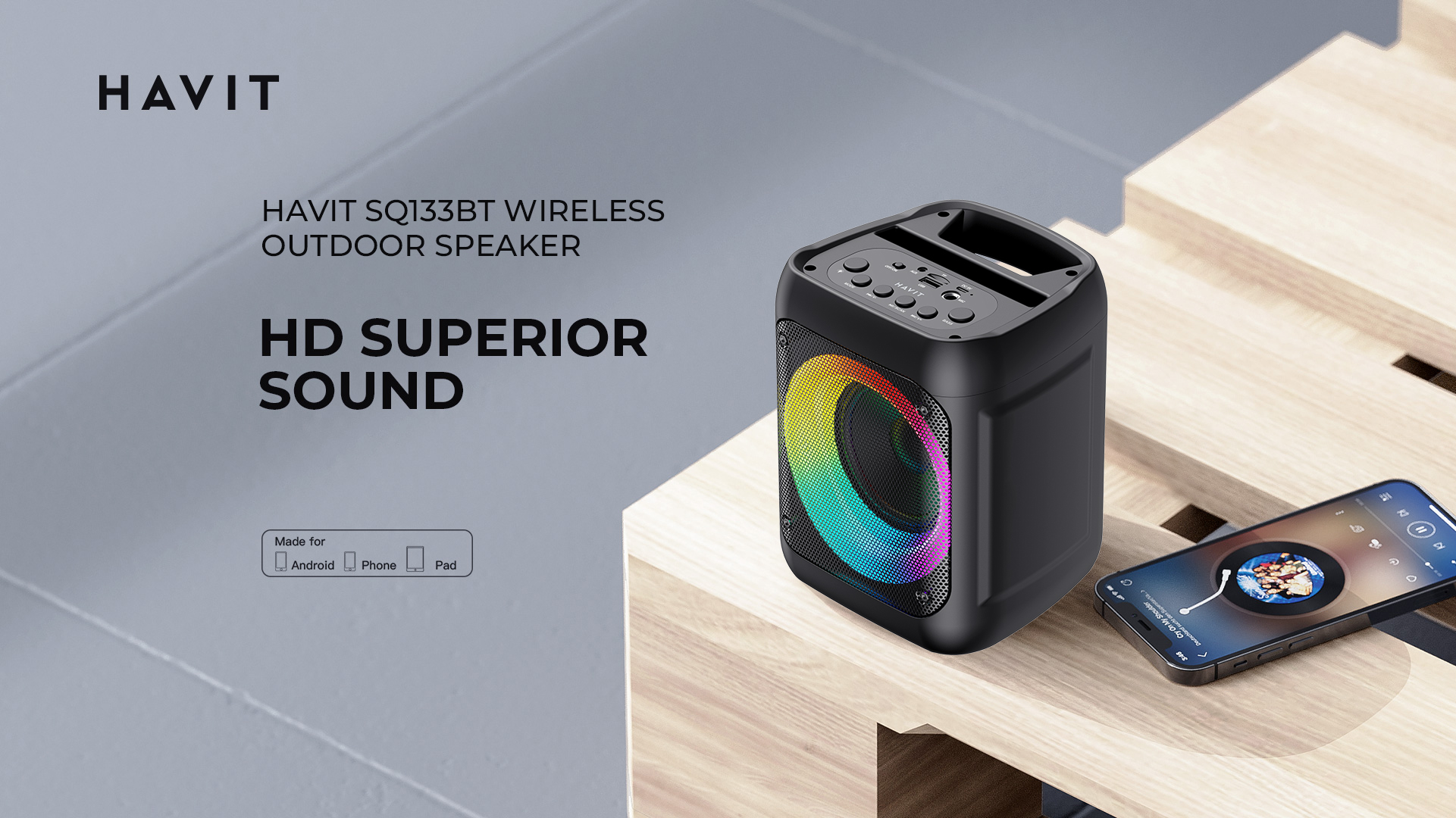 HAVIT SQ133BT Portable Bluetooth Speaker - RGB Lights, TWS, 4” Driver, BT5.2, 8W RMS Output , 2000mAh Battery, Mic Input/USB/SD/AUX/FM Support - Black