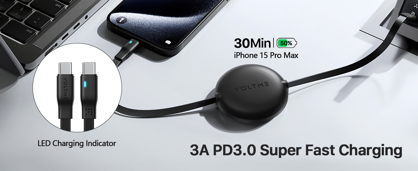 Voltme Powerlink YoYo Retractable Type-C to Type-C Cable - 60W PD 3.0 Super Fast Charging, Dual-Way, 3A, 1M - Black