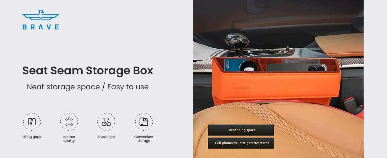 Brave Premium Car Seat Gap Organizers Storage Box Console PU Leather for Cellphones, Wallets, Keys, Coin, Cards, Sunglasses - Orange