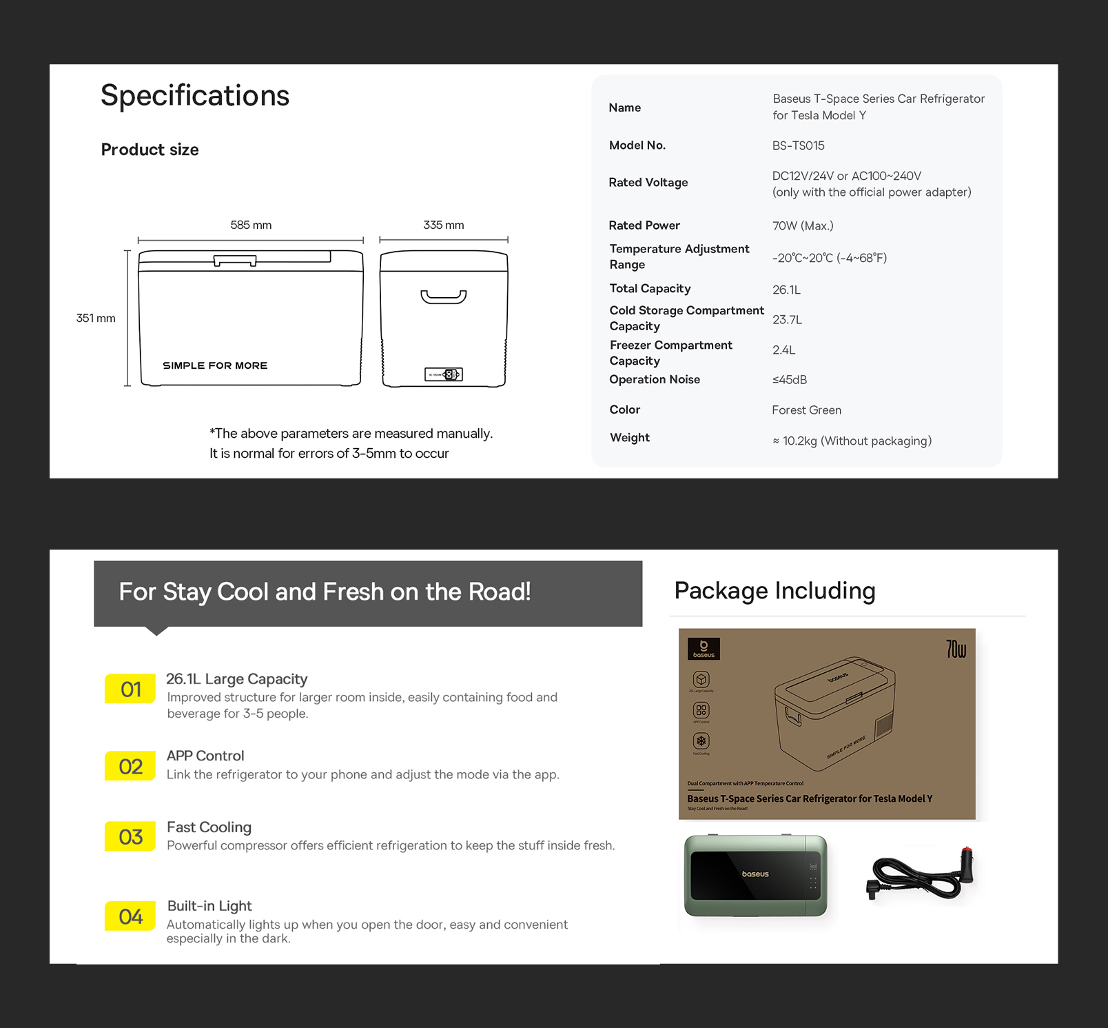 Baseus T-Space Car Refrigerator Freezer & Cooler for Tesla Model Y – 26.1L, -4℉ Fast Cooling, App Control, Ideal for Car, Outdoor & Camping - Green