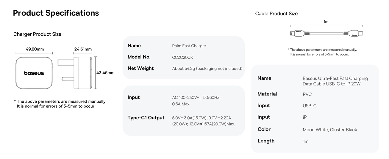 Baseus Palm 20W PD Wall Charger with 1M Type