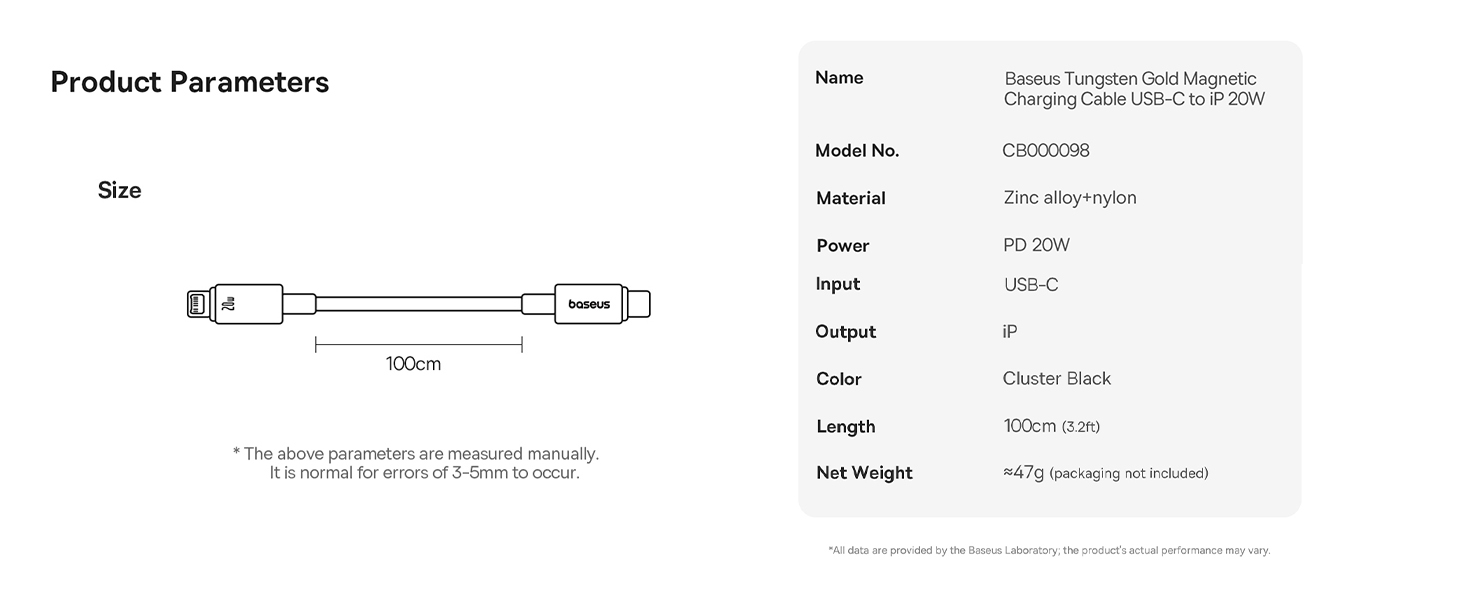 Baseus Tungsten Gold Magnetic Anti-Tangle Type-C to Lightning Cable, 20W PD Fast Charging, High-Speed Transmission, Nylon Braided, 1M - Black