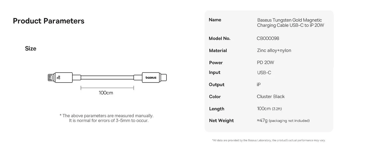 Baseus Tungsten Gold Magnetic Anti-Tangle Type-C to Lightning Cable, 20W PD Fast Charging, High-Speed Transmission, Nylon Braided, 1M - Black