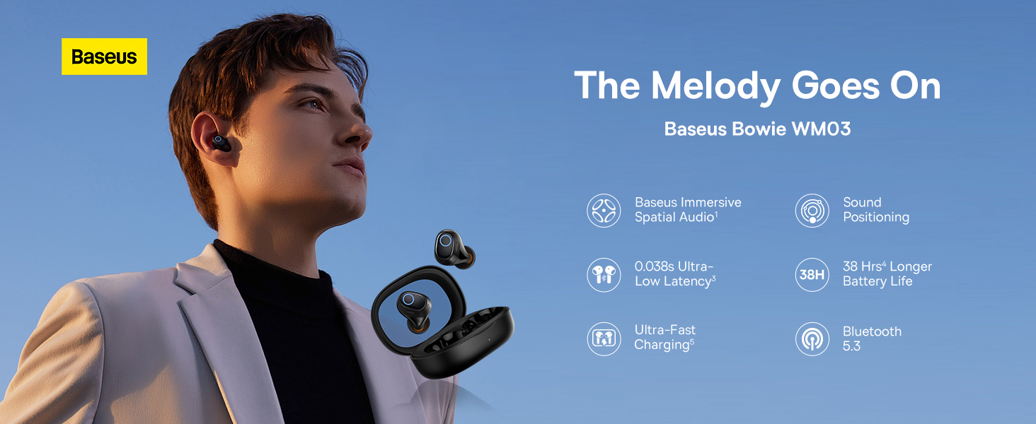 Baseus Bowie WM03 True Wireless Earphones - 38H Playtime, Bluetooth 5.3, Ultra-Low Latency, Fast Charging Case, Immersive Audio - White