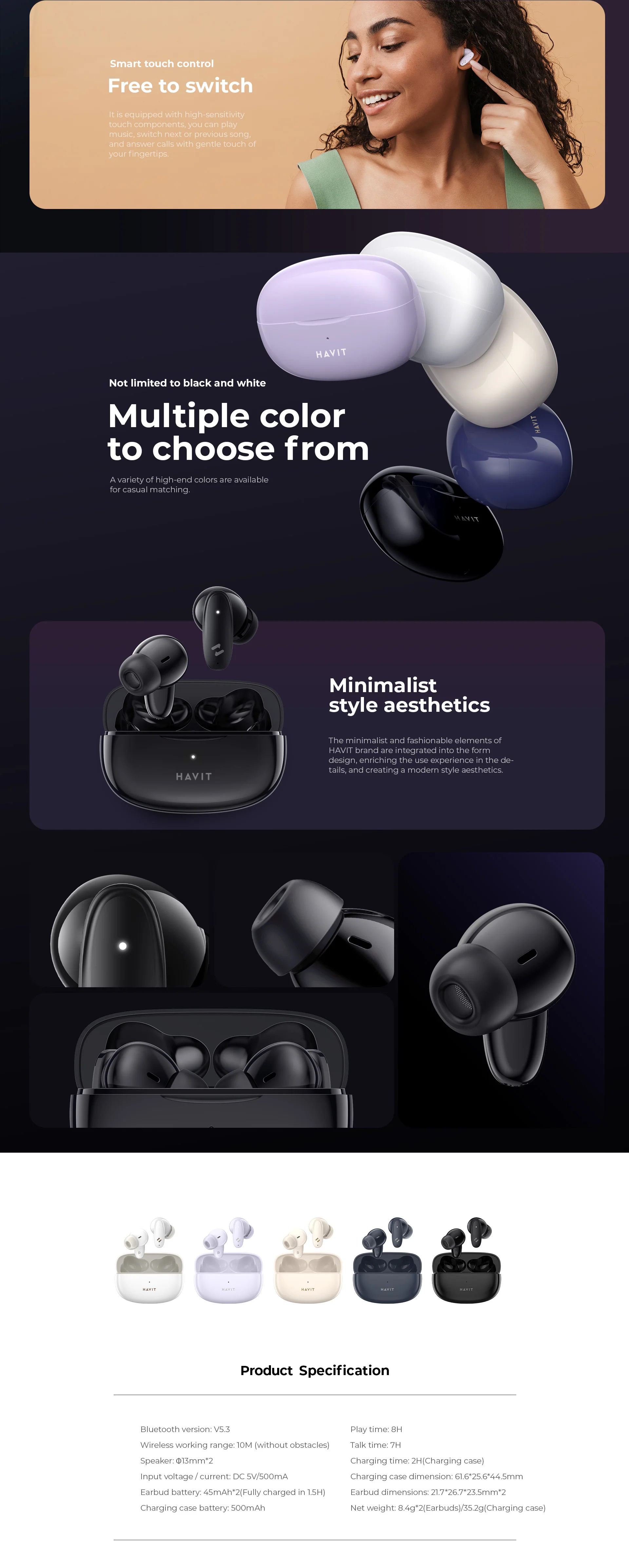 Havit TW910 TWS Wireless Earbuds, Bluetooth 5.3, ENC Dual Mic, Low Latency, 20H Playtime, Type