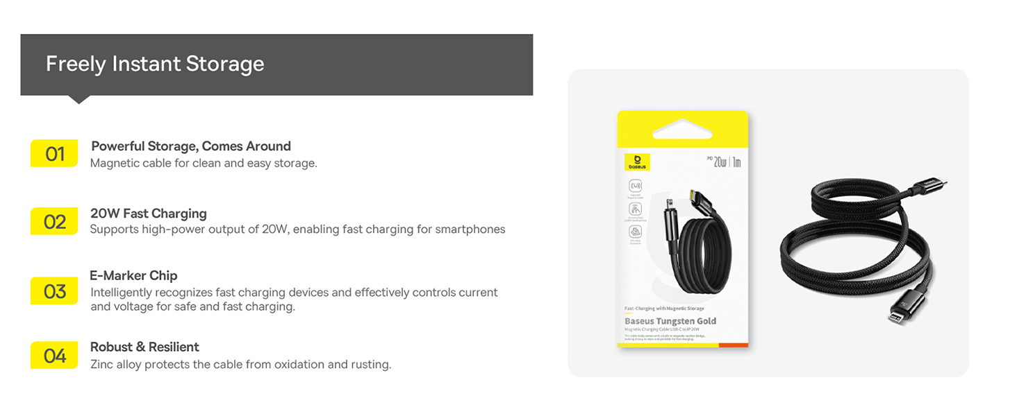 Baseus Tungsten Gold Magnetic Anti-Tangle Type-C to Lightning Cable, 20W PD Fast Charging, High-Speed Transmission, Nylon Braided, 1M - Black