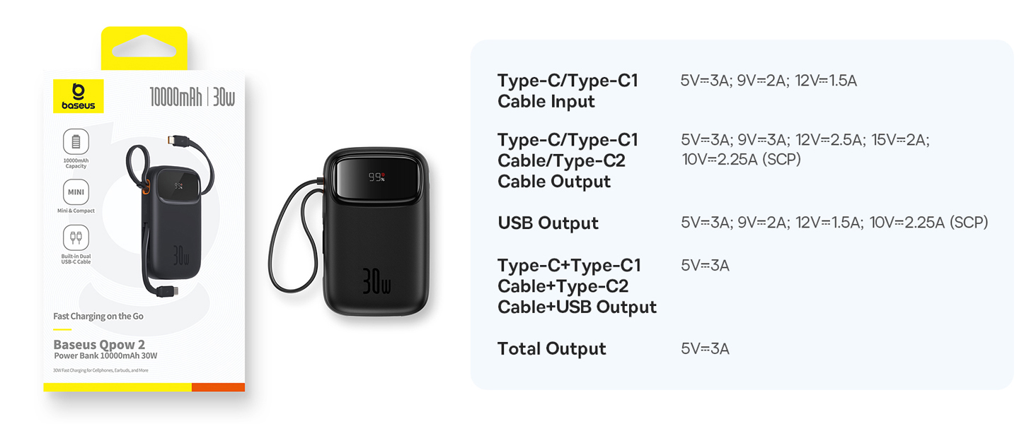 Baseus QPow2 10000mAh Digital Display Fast Charge Power Bank 30W With Built-in Dual Type-C Cable