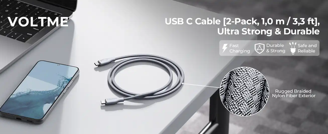 Voltme Powerlink Rugg Double Nylon Cable Type C to Type C 5A / 1M (100W) Emarker Gray