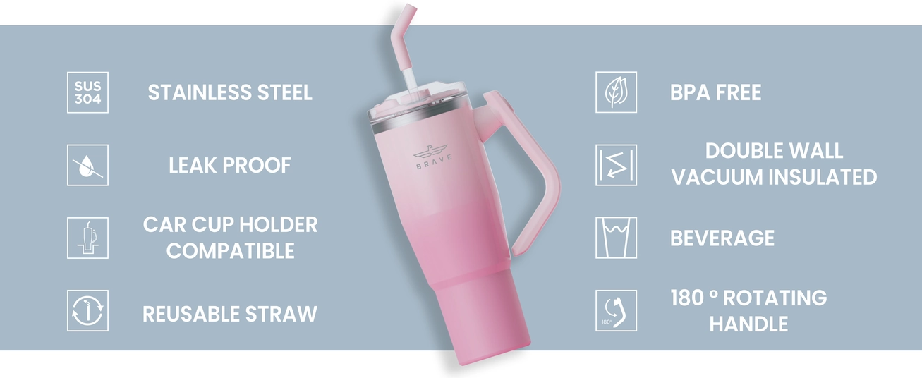  Image of the Brave Tumbler Mug, a sleek stainless steel beverage container featuring advanced double-wall vacuum insulation that keeps drinks cold for 24 hours or hot for 12 hours. The mug boasts a 180° rotating handle for effortless carrying and storage, and it includes two versatile lids—a spill-proof safety lid for secure drinking and a G-lid designed for straw use. With its reusable straw, car cup holder compatibility, sweat-proof exterior, and dishwasher-safe design, this tumbler is perfect for daily hydration on the go, whether commuting, camping, or at the office.