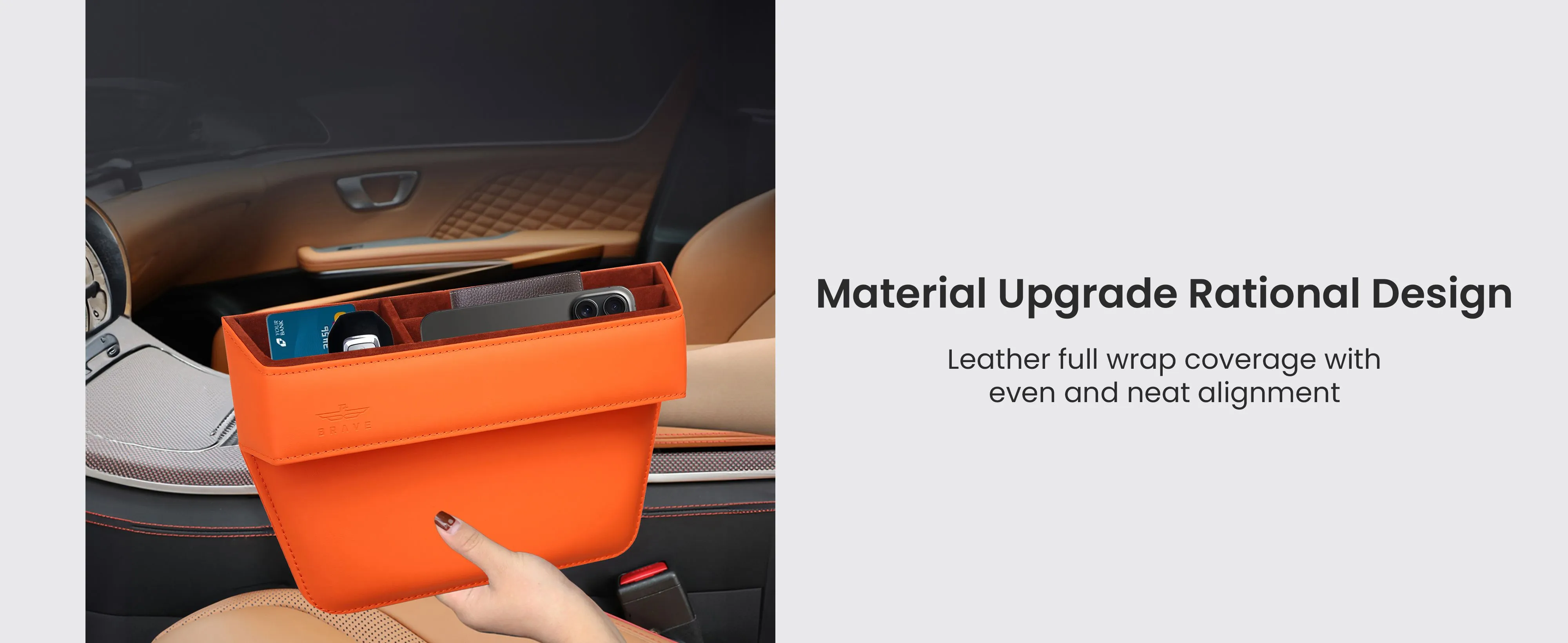 Brave Premium Car Seat Gap Organizers Storage Box Console PU Leather for Cellphones, Wallets, Keys, Coin, Cards, Sunglasses - Orange